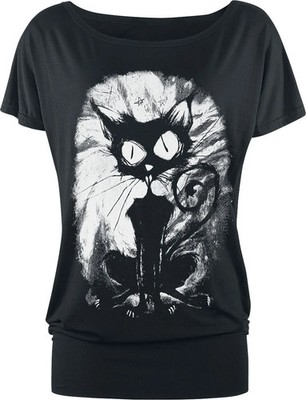 Gothicana by EMP Damen schwarzes lockeres T-Shirt mit Katzen-Print