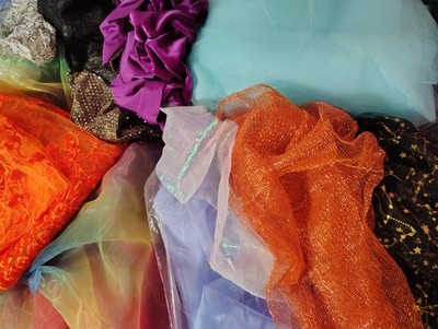 Fancy fabrics, yardage, 20+ yards tulle, rainbow organza, orange lace, sequins
