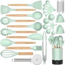 Silicone Cooking Kitchen Utensil Set 35 PCS Tools Wooden Handle Spatulas