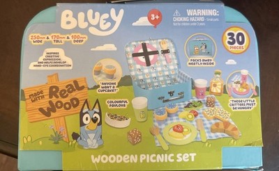 8th Wonder Wooden Bluey Toys Picnic Carrying Case, 30-Piece Picnic Basket Toy...