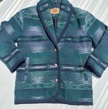 Vintage Woolrich Blanket Coat Womens M Blue Aztec Southwest Wool Blend USA MADE