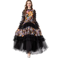 Womens Colorful Sequin Embroidery Long Sleeve Ruffle Dress Holiday Black Dresses