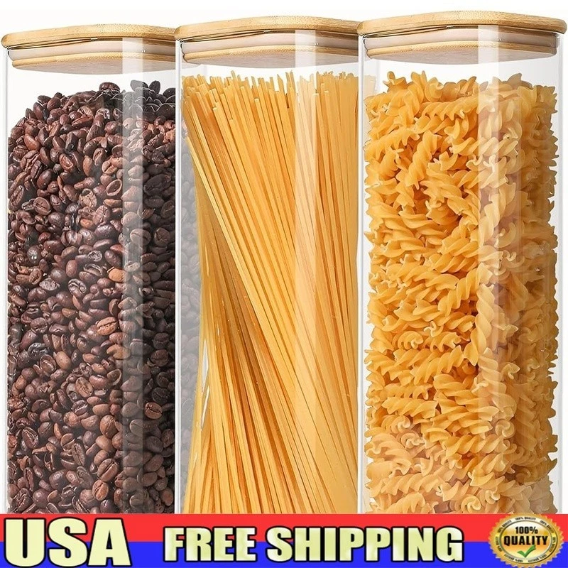 Airtight Glass Food Storage Jars Set W/ Bamboo Lids Kitchen Organization New