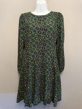 Sugarhill Brighton Green Floral Print Dress UK 10 Long Sleeve Frill Hem EcoVero