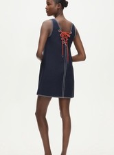 J.Crew Billie Dress Navy 100 Cotton Poplin Red Lace-Up Back NWT Size 10
