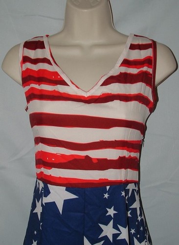 NEW Red White & Blue Sz Jr Small Sleeveless Fit & Flare Patriotic Midi Dress - Picture 2 of 3