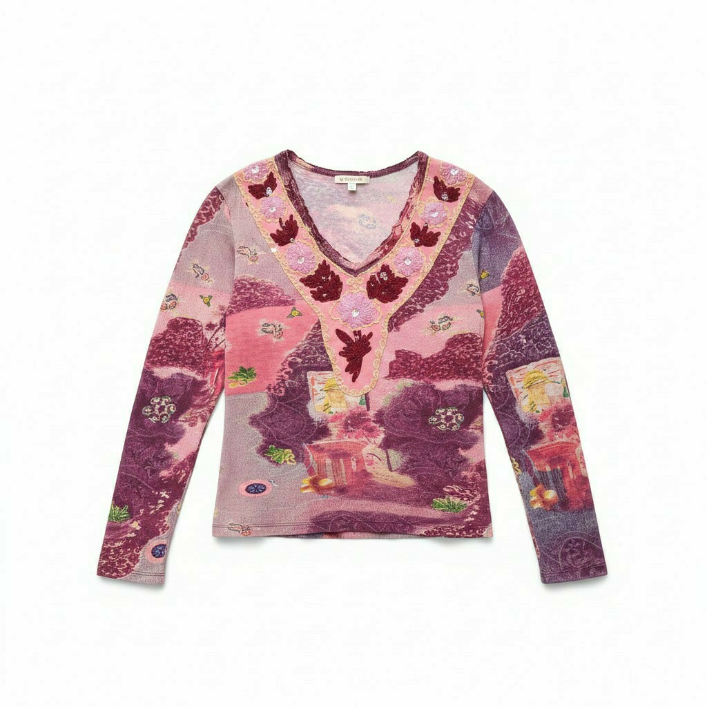 Maglia Donna Derhy Taglia M Rosa Viola Ricamata Paillettes Y2K Boho Manica Lunga