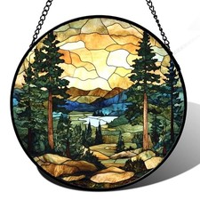 Stained Glass Window Hanging Forest Lake Mountain 6.3x6.3 IN Yellow-green