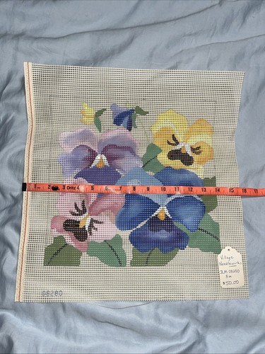 Vintage Crewel Needlepoint Canvas Only Blue Yellow Purple Pink Pansies 15x16 - Picture 4 of 4
