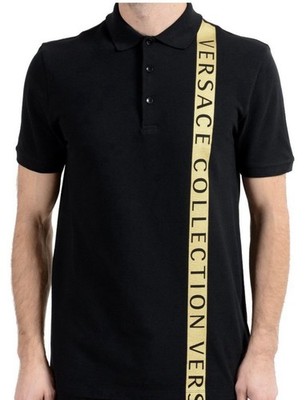 Versace Collection Authentic Gold Stripe Black Polo Shirt Size Small Spell out