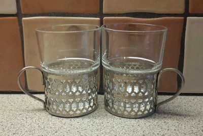 Duralex Französische Tee Kaffee Glas Tasse Becher in einem Silber Metall Halter Made In France