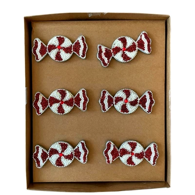 Tahari Beaded Peppermint Candy Napkin Rings Set of 6 Red White Christmas Holiday
