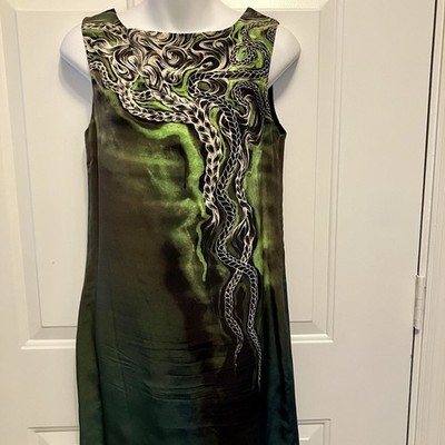 Zoran Dobric Size 4 100% Silk Dress Green Black Artsy Art To Wear Women s