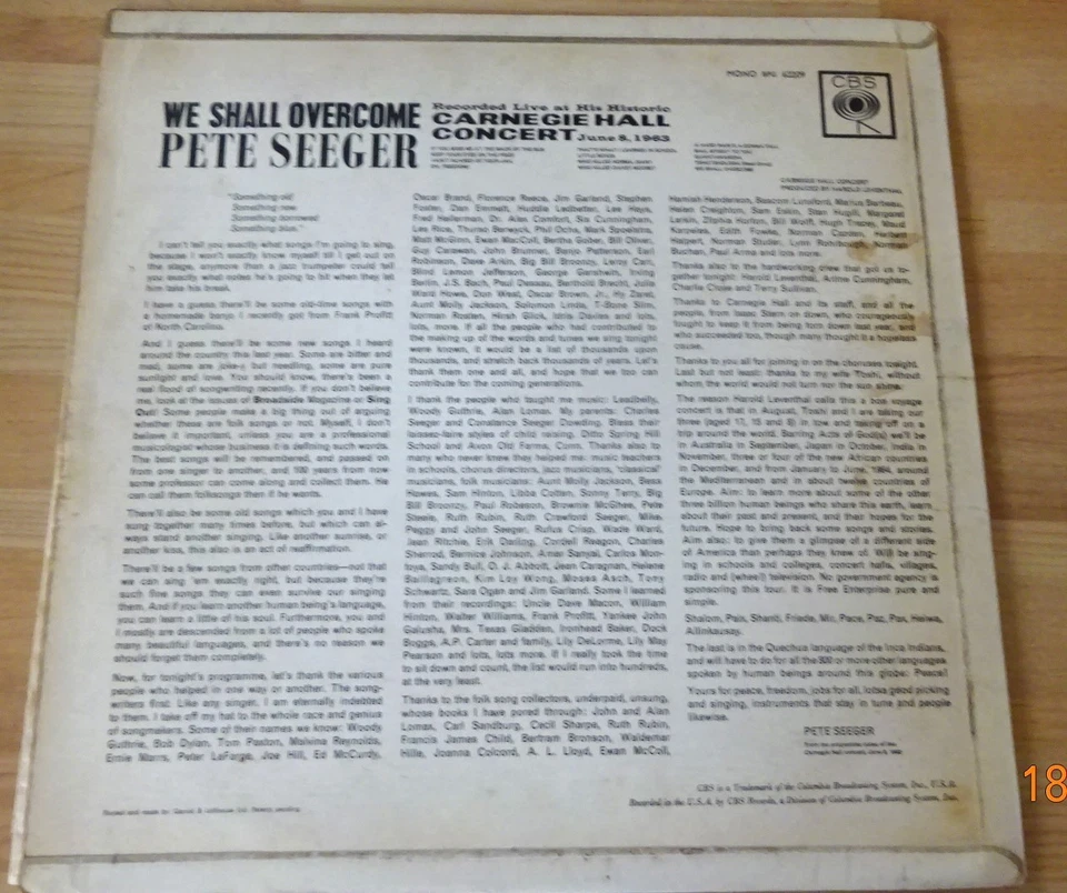 PETE SEEGER-WE SHALL OVERCOME-LIVE AT CARNEGIE HALL- 12"VINYL LP-13 TRACKS-V/G+ - Image 2 of 2