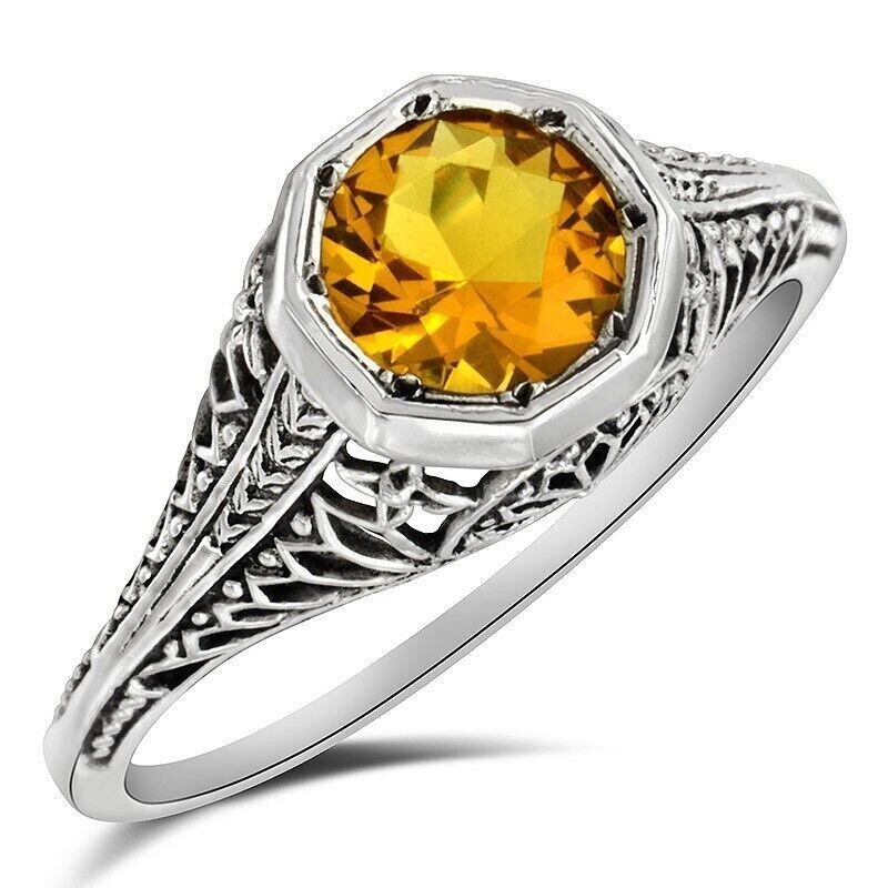 1CT Natural Golden Citrine Sterling Silver Filigree Ring Size 6