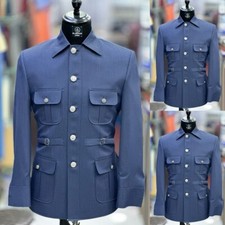 Vintage Denim Blue Men's Safari Jacket Outdoor Casual Hunting Coat Pant 2Pieces