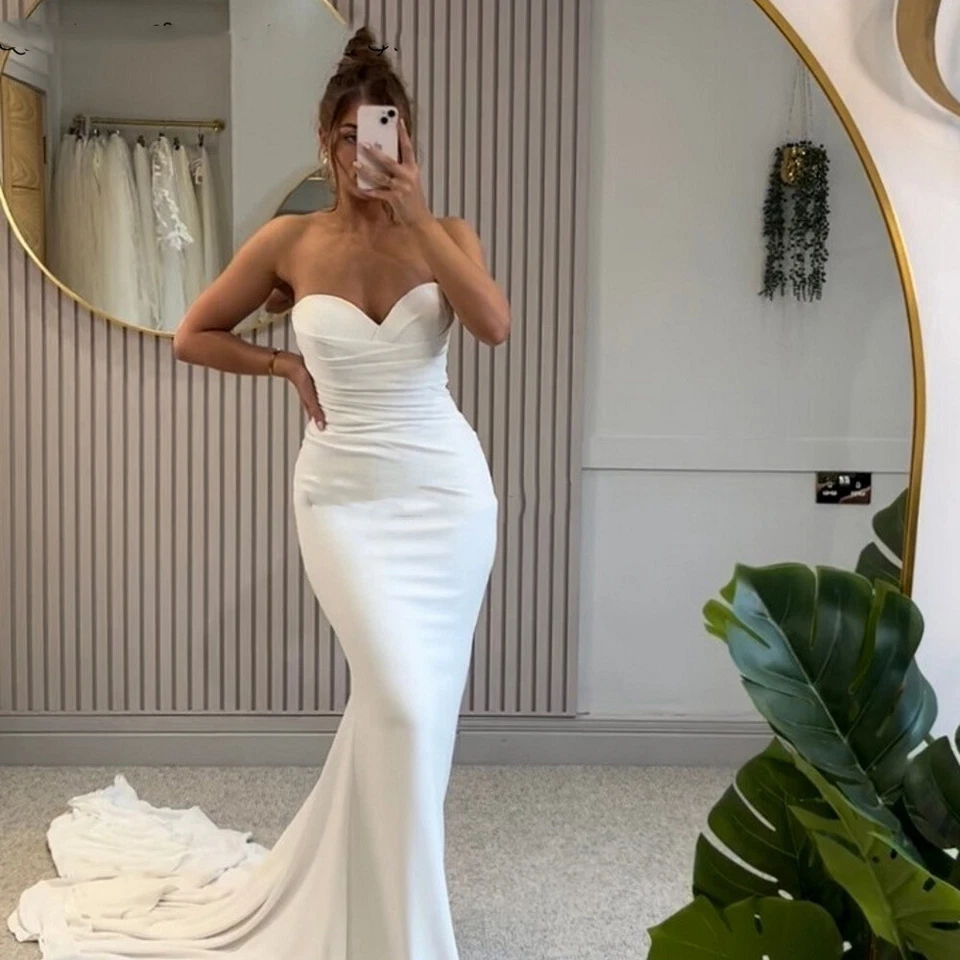 Mermaid Wedding Dresses Satin With Train Sleeveless Sweetheart White Bridal Gown - Image 2 of 4