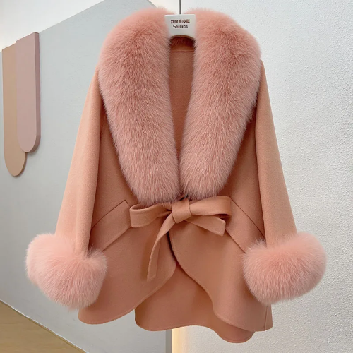 New Women Wool Blended Coat with Real Fur Collar Loose Jacket Outwear Fur Cuff - Bild 1 von 22
