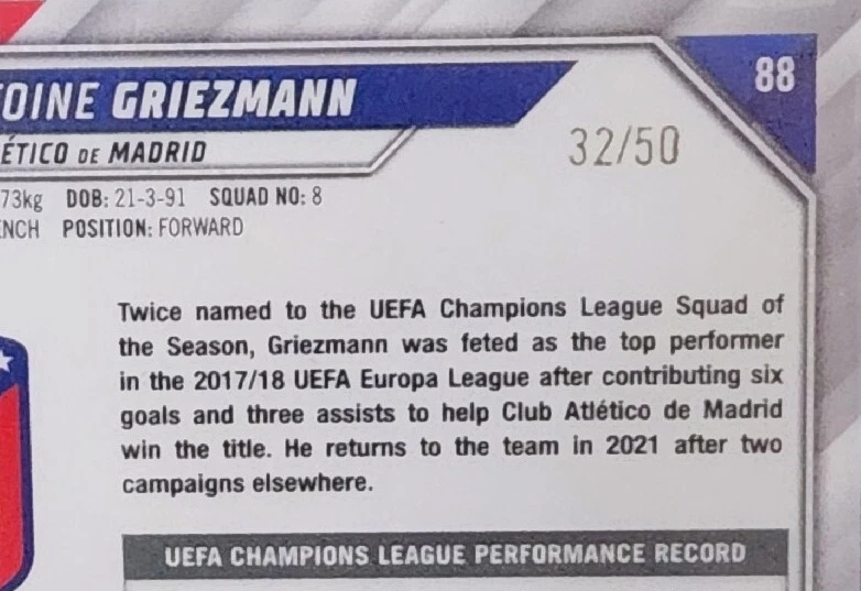 Antoine Griezmann 2021-22 Topps UCL Collection Gold Starball Foil /50 #88 - Image 3 of 3