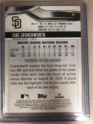 2021 Bowman Platinum 89 Jake Cronenworth San Diego Padres Rookie 