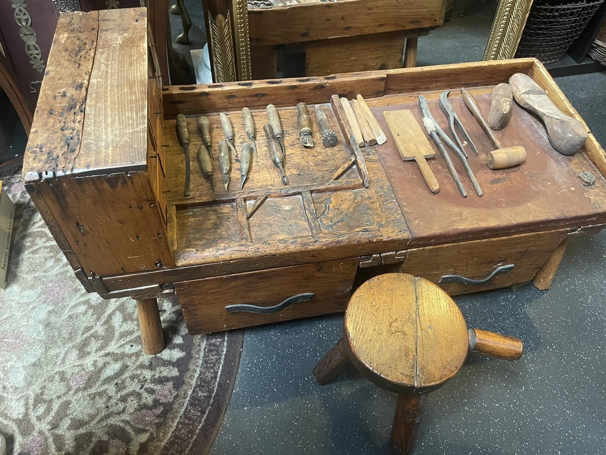Antique Wood COBBLER S BENCH 10 Drawers Stool And Tools