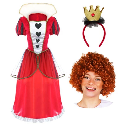 ILOVEFANCYDRESS LADIES QUEEN OF HEARTS WORLD BOOK DAY COSTUME + WIG ALICE WONDERLAND FANCY DRESS
