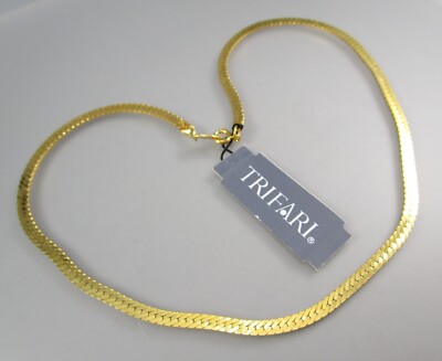 NOS w Tags Vintage 90s TRIFARI Gold Tone 3 mm Flat Chain 16'' Necklace 6493
