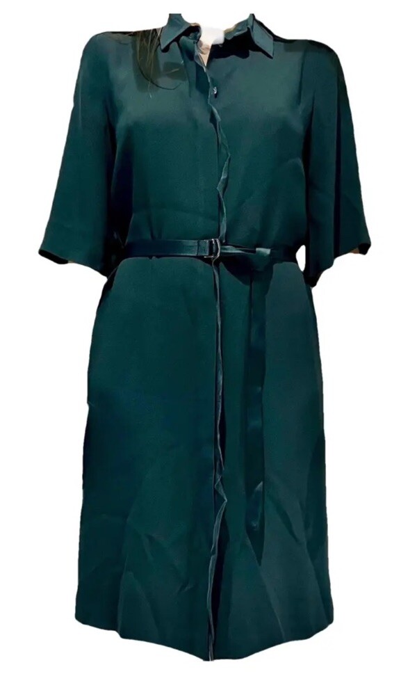 Jigsaw Shirt Dress Petrol Green Silk Trim Viscose Main 12 Tie Wait | eBay UK