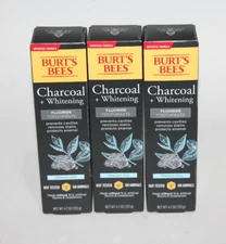 LOT (3) BURT'S BEES CHARCOAL WHITENING TOOTHPASTE MOUNTAIN MINT 4.7OZ EXP 2/2026