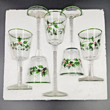 Christmas Holly Candle Holders Set of 5 Hand Painted Votive Tiered Stemmed Glass