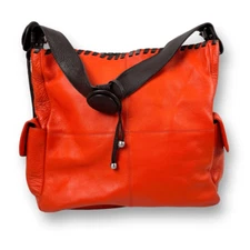 ILI New York Women's Leather Shoulder Bag Bright Red Orange Midsize Hobo