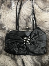 Bebe Black Auth Leather Handle Wallet With Silky Maroon Liner/ Bow & Rhinestones