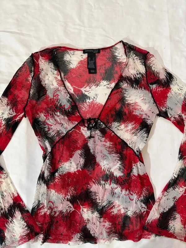 Y2K винтажный чистый сетки верхний абстрактный печать красный черный белый S - Изображение 2 из 4