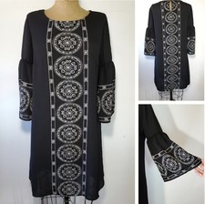 A.U.W Size M Dress Tunic Black Sheath Bell Sleeve Boho Mandala Crepe Lightweight