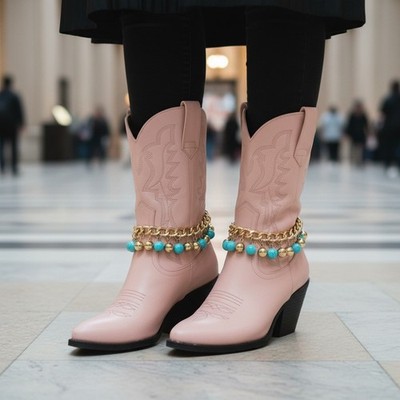 Women Gold Boot Chain Bracelet Western Shoe Turquoise Ball Charm HANDMADE PAIR