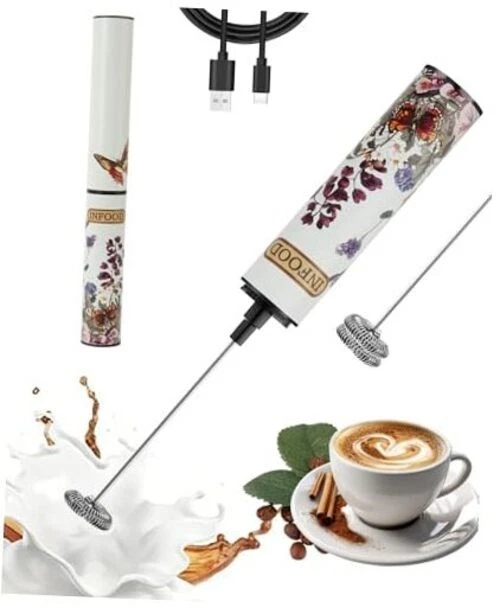 Milk Frother Rechargeable with Cover - Coffee Frother White Floral Design