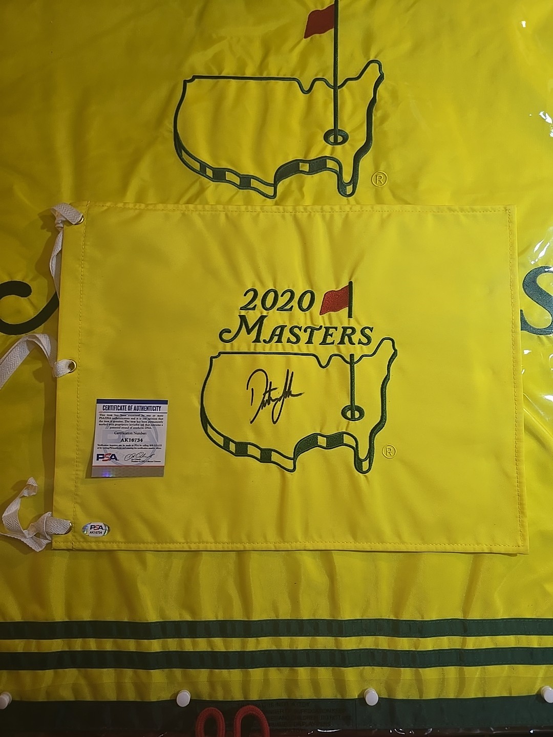 Dustin Johnson Autographed Signed 2020 MASTERS GOLF FLAG 2016 US OPEN PSA AK16734 
