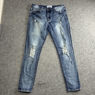 DNA Premium Wear Jeans Blue Skinny Distressed Ripped Denim Zip-Fly Washed Slim