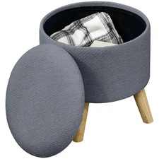 Round Storage Ottoman, Linen Fabric Foot Stool with Removable Top, Padded Sea...