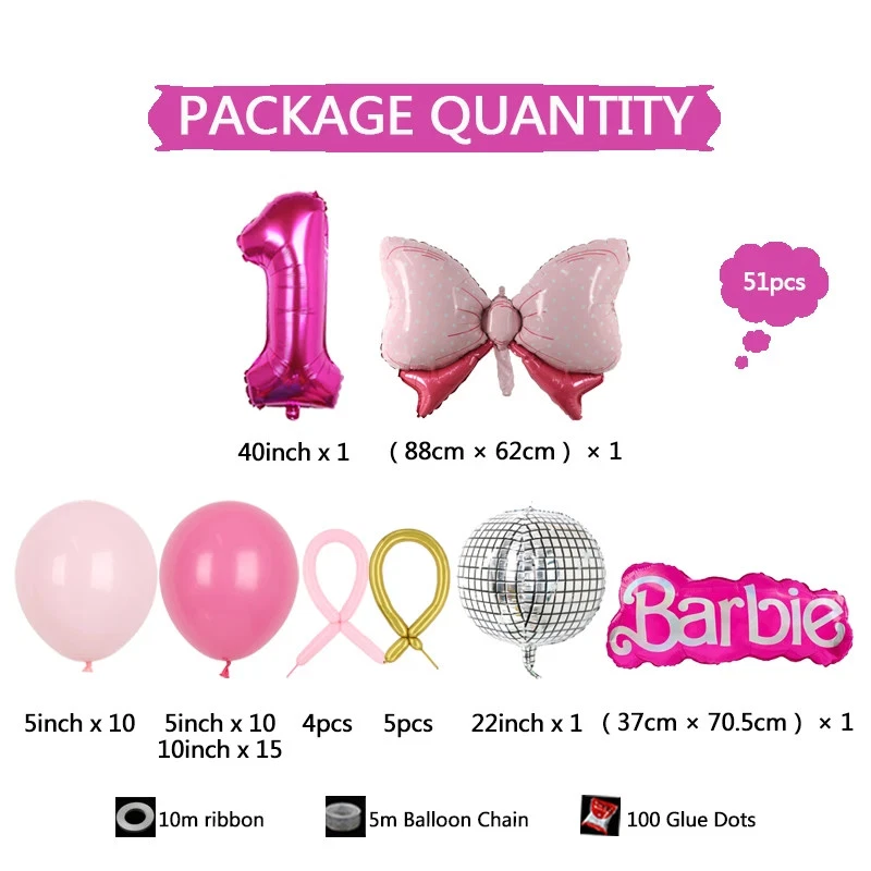 51Pcs Rose Red Pink Latex Balloons Number 1-9th Bow Knot Foil Ball Baby Shower K - Image 2 of 4