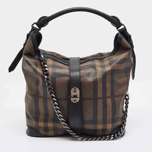 Burberry Black Smoked Check PVC and Leather Chain Detail Hobo