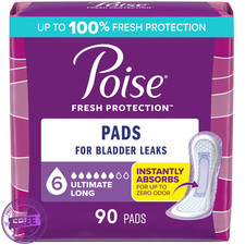 90 Ct Poise Incontinence Pads for Women, 6 Drop Ultimate Absorbency, Long Length