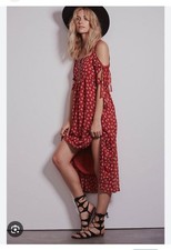 FREE PEOPLE Floral Cold Shoulder Midi Dress S Red