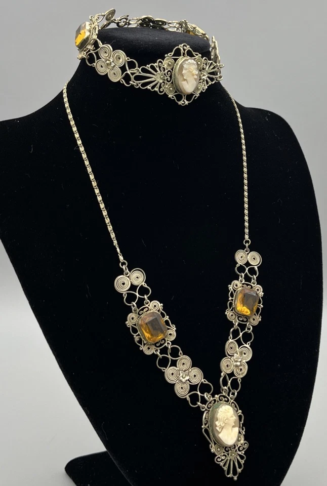 Conjunto de collar y pulsera camafeo filigrana años 30 camafeos concha vidrio ámbar vintage Foto 3 de 4