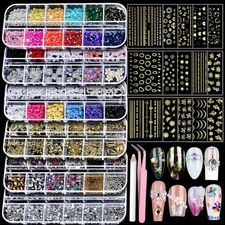  Nail Charms Nail Art Kit with 15 Sheets Gold Nail Stickers, 6 Boxes of Nail 