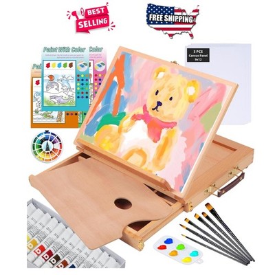 Acrylic Painting Set with Easel 12 Colors Brushes Canvas Panels Beginner Art Kit