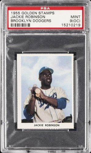 1955 GOLDEN STAMPS BROOKLYN DODGERS PERFORATED JACKIE ROBINSON PSA 9 OC