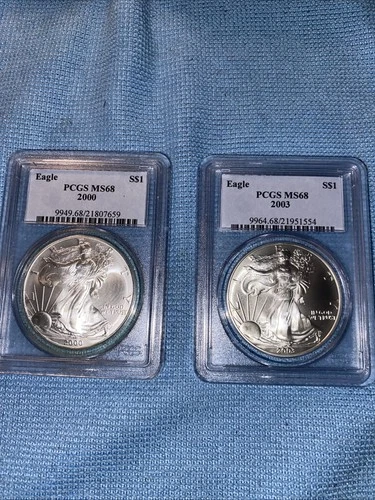PCGS Two MS68  2000, 2003 1 oz Silver American Eagle (Brilliant Uncirculated)