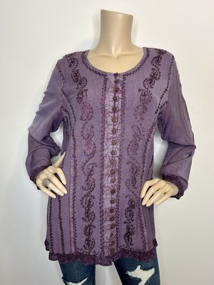Sacred Threads Embroidered Purple Button Tunic Tie Back One Size S M L XL Boho