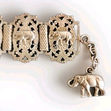 Vintage Silver-Plated Elephant Link Bracelet with Charm - Ornate Filigree Design